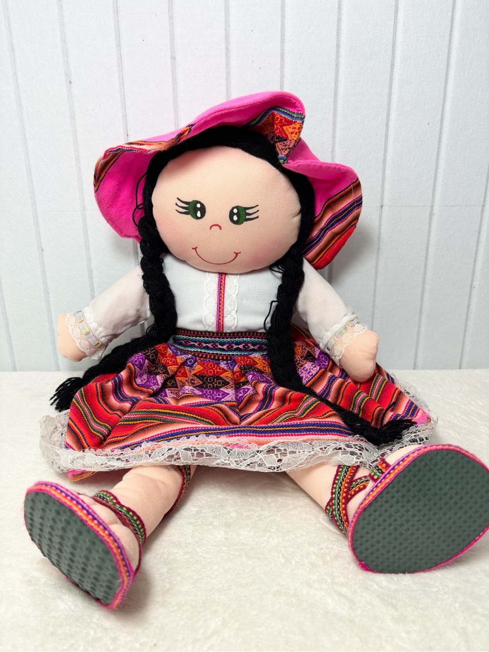 Peruvian Handmade Pink Multicolor Traditional Dress Plush Doll with Braided Hair